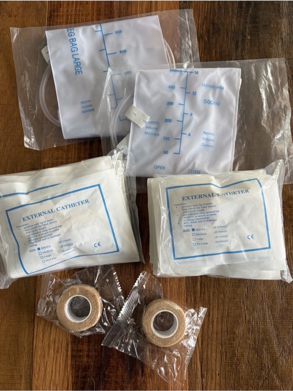 External Male Catheters 19pcs Latex 1000ml &500ml Urine Leg Bags 2 Roll Tapes